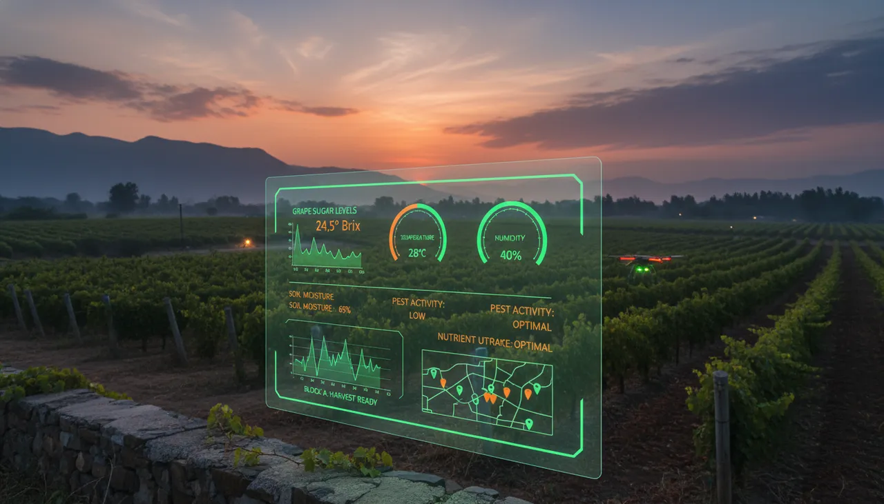 Precision-managed vineyard at dusk — the Krishishastri Nashik farm